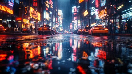Obraz premium Rainy night city street reflection.