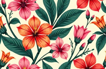 Abstract Hand Drawing Two Colors Victorian Baroque Flowers and Leaves Seamless   floral pattern in Hawaiian style with big flowers