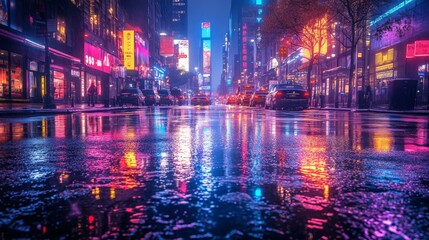 Fototapeta premium Rainy night city street scene reflecting vibrant neon lights and cityscape.