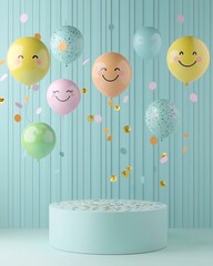 Fun laughter positivity burst. Colorful balloons with smiling faces float above a round pedestal in a cheerful setting, perfect for celebrations and parties.