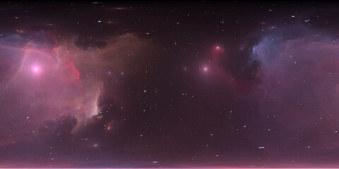 360 degree space nebula. Giant interstellar cloud with stars, equirectangular projection, environment map. Spherical panorama. 3d illustration