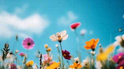 Fototapeta premium A vibrant field of wildflowers under a bright blue sky, with the colors of the blooms contrasting with the green grass