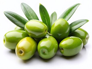 Obraz premium Fresh Green Olives with Leaves Isolated on White Background - Vibrant Nature Stock Photo