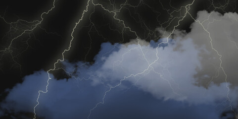 Mountainous Cumulus Clouds Boiling in the Summer Sky. White cloudiness, mist or smog overlay backgrounds. Wide sky and clouds dark tone. Dark cloud at evening sky with thunder bolt.