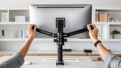 remote work flexibility ergonomics. A person adjusting a computer monitor on a desk mount in a modern workspace.