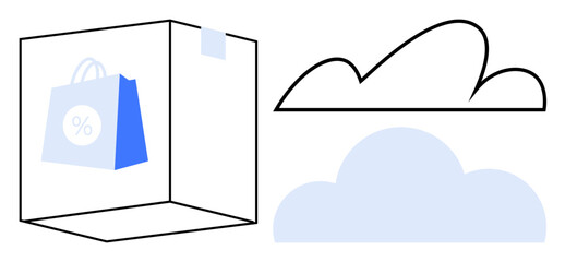Shopping bag with percentage sign inside a transparent box alongside outlined and shaded cloud icons. Ideal for e-commerce, cloud computing, online shopping, sales, discounts, storage, digital