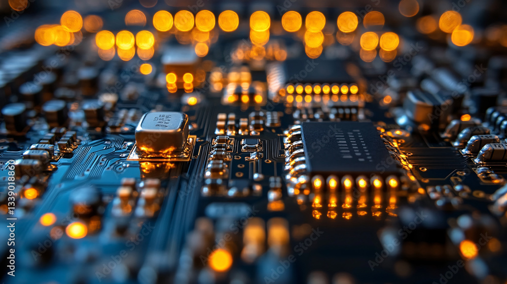 Poster a close-up view of a circuit board illuminated by warm lights, showcasing intricate components and c