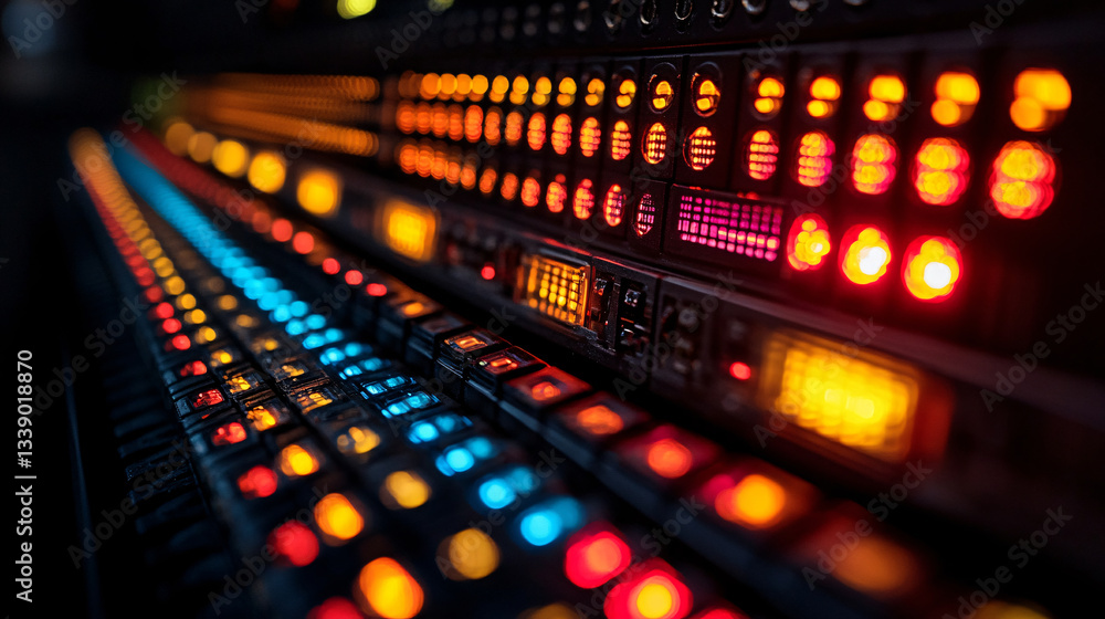 Poster a close-up view of illuminated buttons and indicators, showcasing vibrant colors and patterns on a p