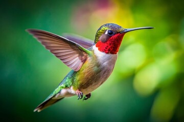 Flying Ruby-throated Hummingbird, Tilt-Shift Miniature, Watercolor Style Bird Illustration