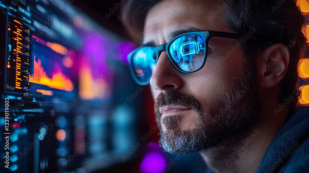 Poster a focused individual examines data displayed on a screen, wearing glasses that reflect vibrant graph