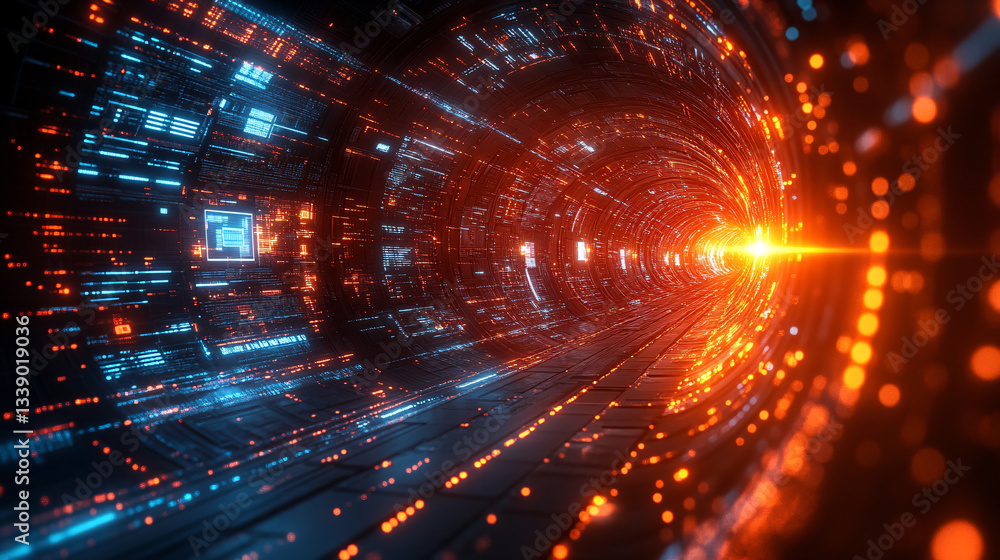 Fototapete A futuristic tunnel filled with glowing lights and digital patterns, creating a sense of depth and movement.