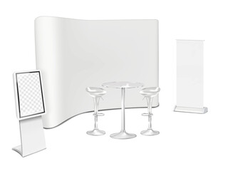 Exhibition set template. Trade show backdrop display, roll-up retractable banner standee, clear glass counter bar table, high swivel chairs, LCD monitor stand. Vector mock-up. Tradeshow booth mockup
