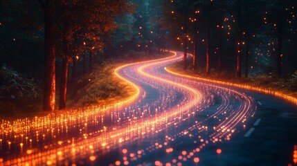 Glowing path winding through a dark forest at night.