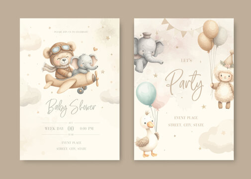 Watercolor Baby Shower Party Invitation card with a plush pilot bear and animal.