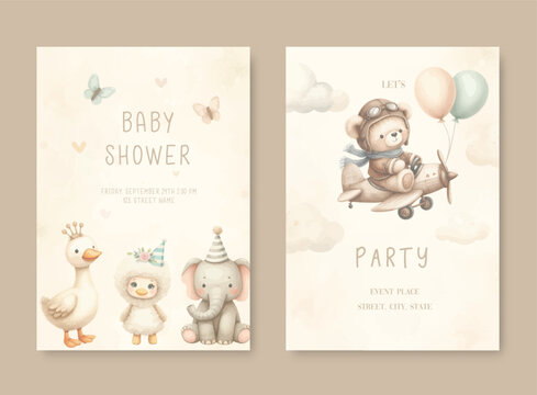 Watercolor Baby Shower Party Invitation card with a plush pilot bear and animal.