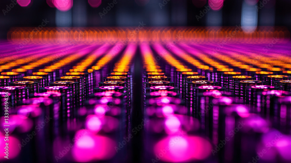 Poster a vibrant, abstract image featuring a multitude of illuminated circular patterns in pink and orange 