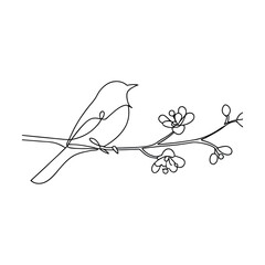 Singlewide drawing Bird perched on blossoming branch, spring nature art