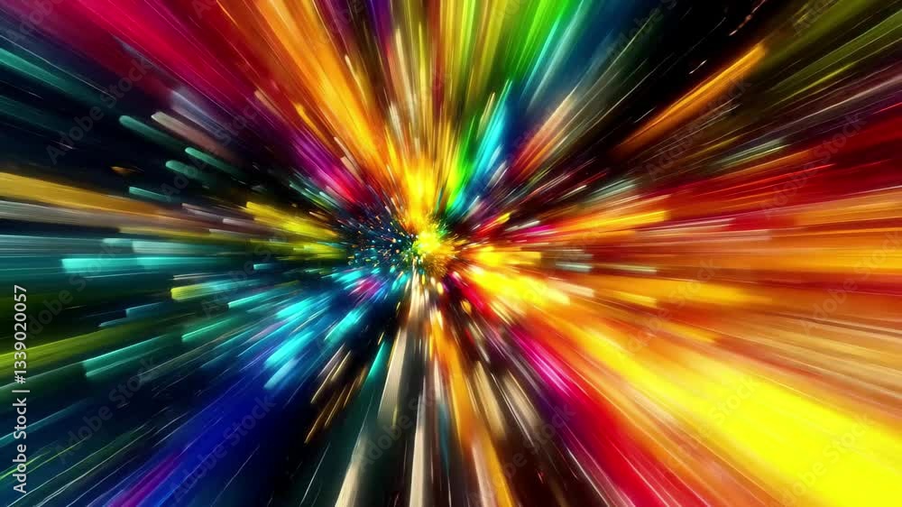 Poster Vivid colored particles burst outward in dynamic display of vibrant energy and motion, 4k Vivid Color Particle Background