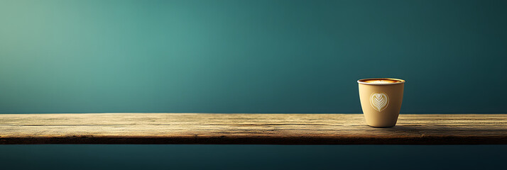 a cup of coffee with intricate latte art - sitting on a rustic wooden table wide banner - blue background