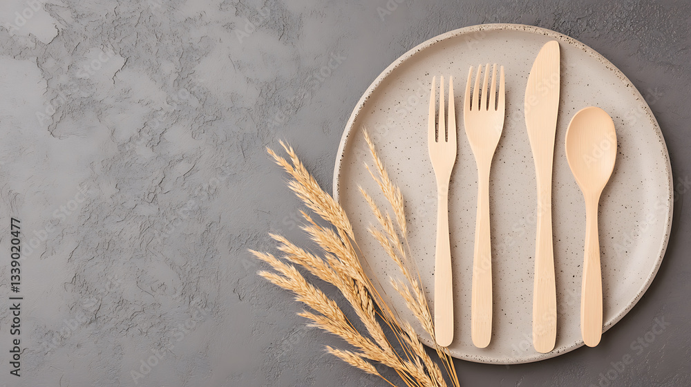 Poster a minimalist setup featuring wooden utensils on a textured plate, complemented by decorative wheat s