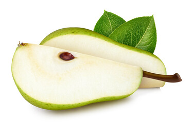 Pear slice with leaves isolate. Pear on white. Pear clipping path.