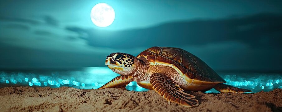 Sea turtle conservation landscapes idea. A sea turtle resting on the beach under a glowing moonlight, showcasing nature's beauty.