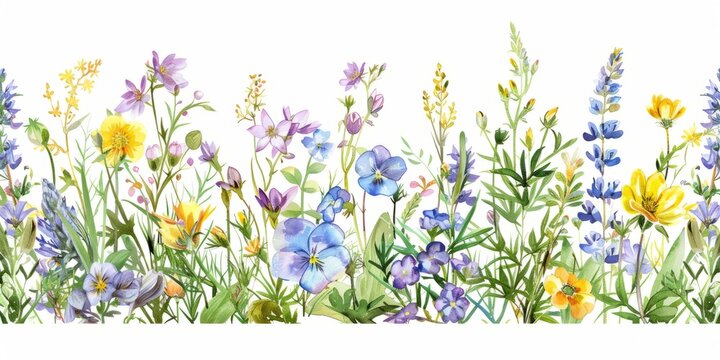 Gentle watercolor floral seamless border. Physostegia, plumeria, polemonium, primula, prunella, pulsatilla, pyrethrum, ranunculus, ratibida, rhipsalis,  illustration on white background.