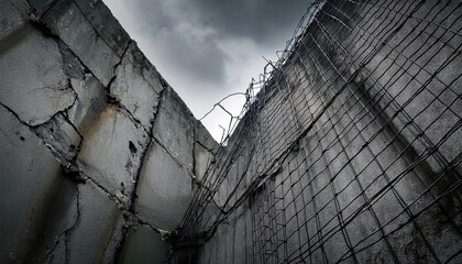 Rusty walls and barbed wire suggest lost spaces in an industrial scene beneath dark clouds.