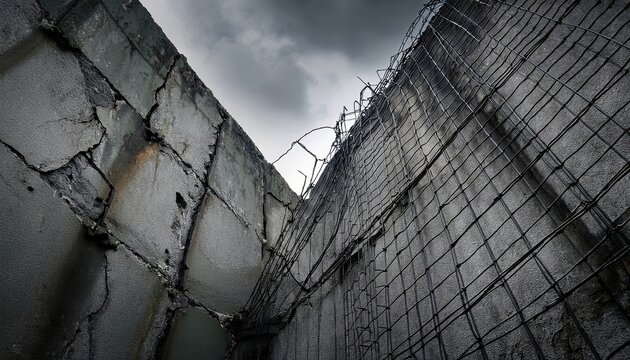 Rusty walls and barbed wire suggest lost spaces in an industrial scene beneath dark clouds.