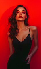 Fototapeta premium Captivating portrait of elegant woman with retro glam makeup in sleek dress against red setting