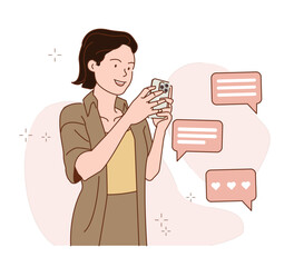 Young woman smiling while using her smartphone, surrounded by social media message bubbles. Minimalist modern style on soft abstract background. Concept of online communication. Vector illustration