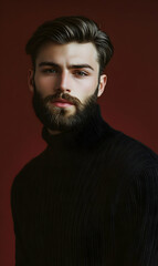 Obraz premium Portrait of a handsome bearded man, gazing with dark eyes, donning a sophisticated black turtleneck