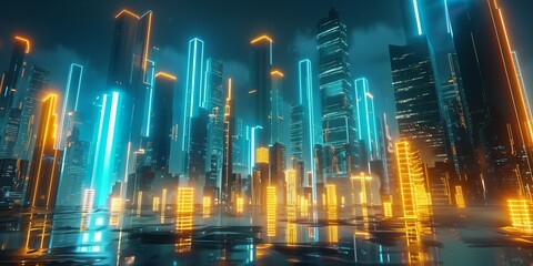 Obraz premium Sci-fi city skyline with gold and azure neon lights. Night scene with advanced skyscrapers. 3D Render.