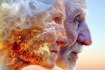Obraz premium Timeless Serenity: Side View of Elderly Couple Combined with Clouds 
