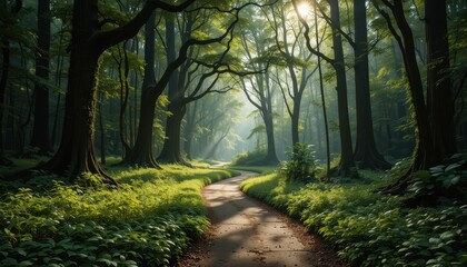 Obraz premium Serene forest path nature landscape tranquil environment natural light