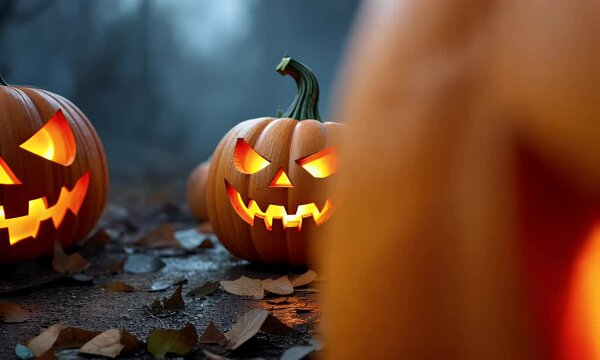 Glowing Pumpkins In Dark Woods Setting Description Close up view of three illuminated pumpkins on a dark, wet ground covered with autumn leaves. The pumpkins are carved with menacing faces, glowing