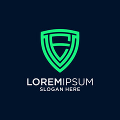 Modern Green Letter E Logo Shield on Dark Blue Background