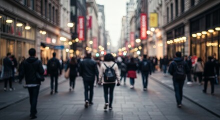 A busy city street with people walking and carrying backpacks
