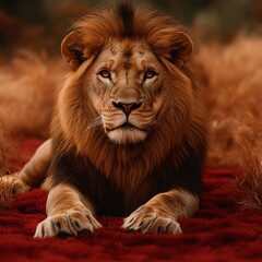 Majestic Lion Relaxing on the Ground Surrounded by Nature in Warm Tones and Soft Light