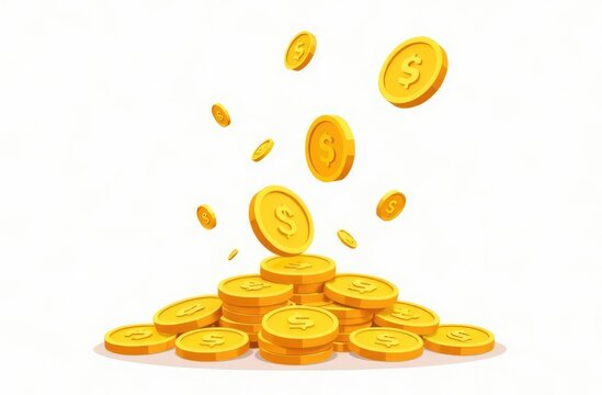 Coins falling vector illustration, falling money, flying gold coins, abstract coins dropping golden rain concept modern flat cartoon design isolated on white background