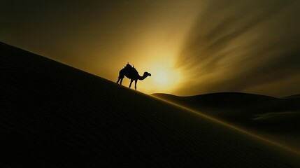 A silhouette of a camel walking across the sand dunes, with the sun low in the sky, creating a dramatic shadow.