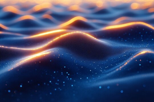 Blue digital grid background with flowing data lines