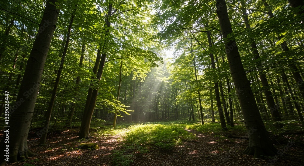 Poster a forest with sunlight shining through the trees