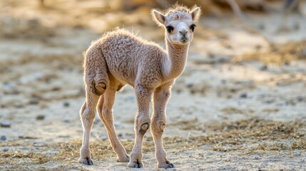 A newborn camel standing on its wobbly legs, surrounded by the vast desert terrain.
