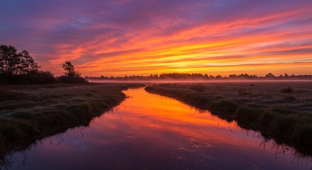 Obraz premium A beautiful sunset over a river with a reflection of the sky on the water
