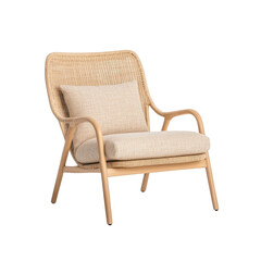 Stylish single chair with natural wooden frame and soft cushion, white isolate background.