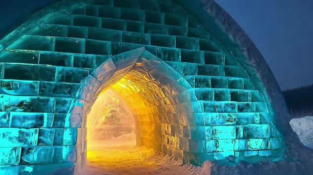 Entrance of an ice igloo glowing with warm light in a frozen landscape during winter night, Ice igloo entrance Frozen cold