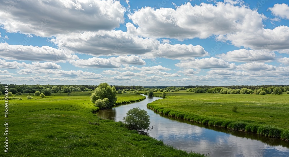 Poster a river runs through a lush green field with a cloudy sky in the background