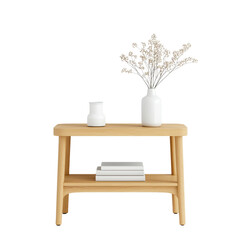 Stylish wooden table with vases and decorative flowers, white isolated background.