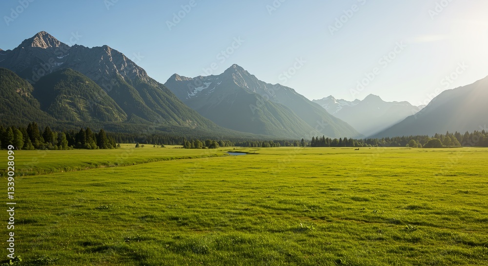 Poster a large, open field with mountains in the background